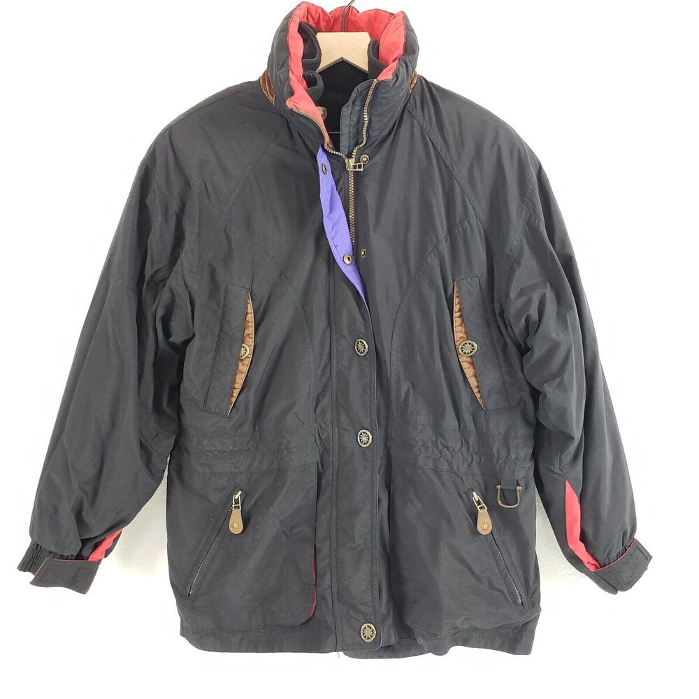 VTG 80s Edelweiss Women SIZE M Black Ski Snow Fully Lined Coat Jacket Zip Pocket